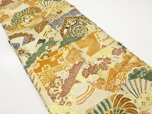 アンティーク　桧扇に御所車・桐・菊模様織り出し名古屋帯（材料）